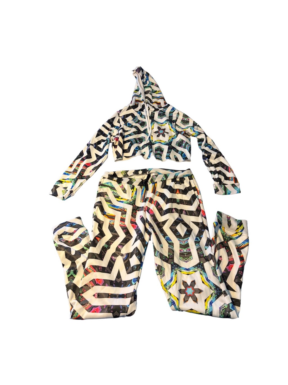 Women's Black & White Geometric Hooded Jogger Set -iEDM